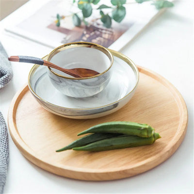 Bamboo Round Serving Tray Eco-Friendly Wooden Board showing lightweight and durable bamboo material.
