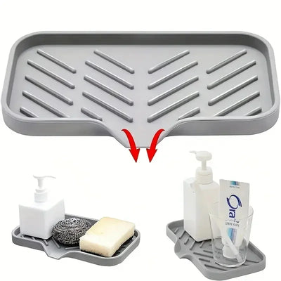 Silicone Sink Tray – Soap & Sponge Holder with Drain, grey tray for organizing soap and sponges with drainage.