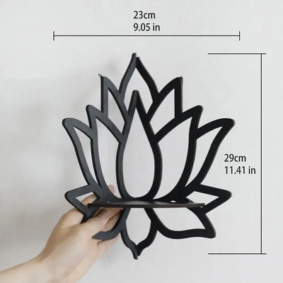 Lotus Floating Wall Shelf – Wooden Crystal Display Décor dimensions shown with hand holding the shelf design.