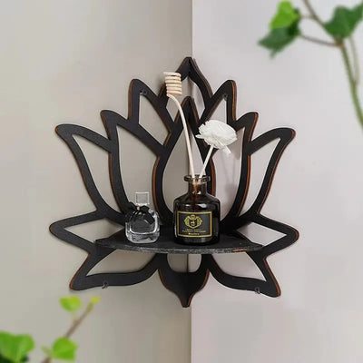 Lotus Floating Wall Shelf – Wooden Crystal Display Décor with decorative items on a flower-shaped shelf.