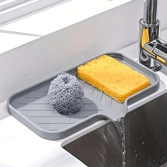 Silicone Sink Tray – Soap & Sponge Holder with Drain featuring a gray tray with sponge and scrubber.