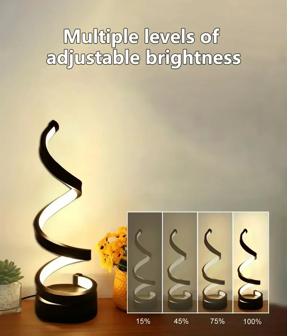 Modern Spiral LED Color Lighting Modes desk lamp showing natural light mode for reading.