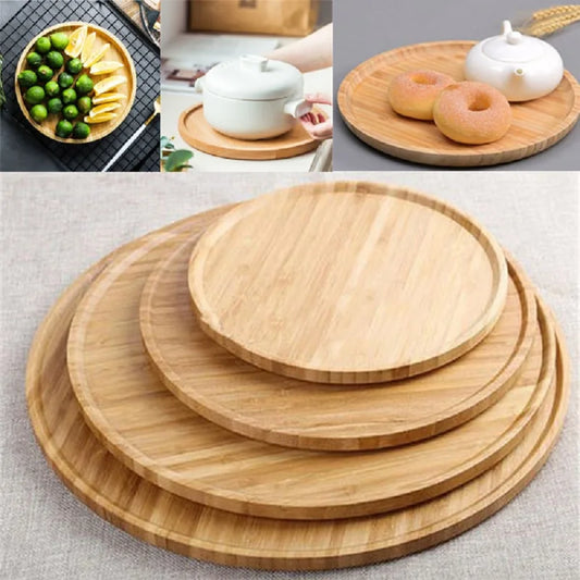 Bamboo Round Serving Tray – Eco-Friendly Wooden Board displayed in various uses for serving and decoration.