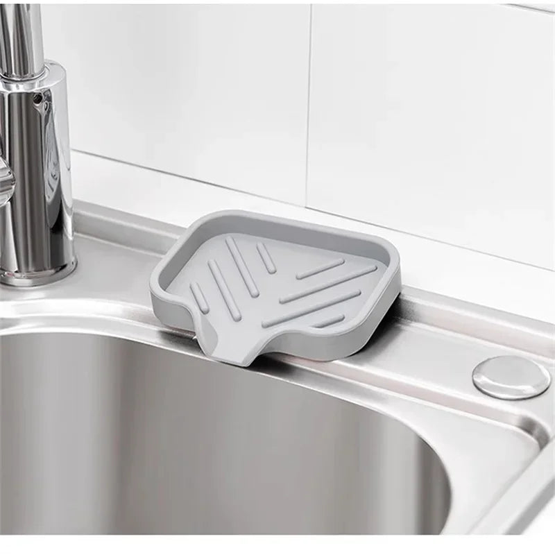 Silicone Sink Tray – Soap & Sponge Holder with Drain on sink for organized kitchen cleaning essentials.