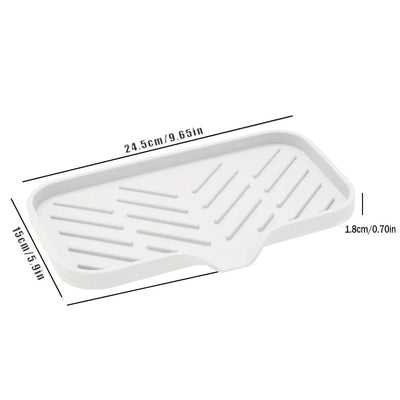 Silicone Sink Tray – Soap & Sponge Holder with Drain dimensions showing a durable white silicone material design.