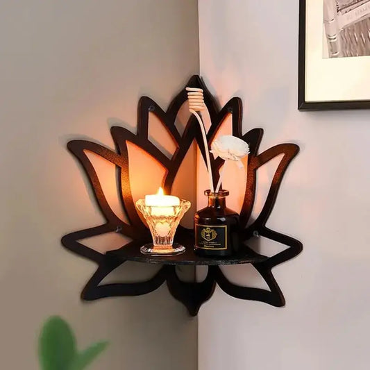 Lotus Floating Wall Shelf – Wooden Crystal Display Décor with candle, flower, and decorative items, enhancing wall aesthetics.