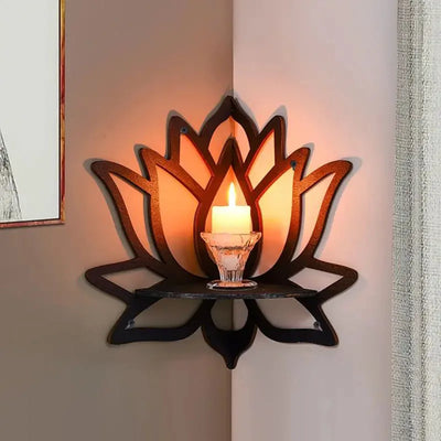 Lotus Floating Wall Shelf – Wooden Crystal Display Décor with candle holder and illuminated lotus flower design.