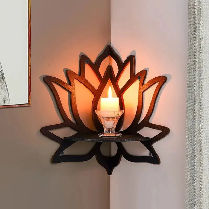 Lotus Floating Wall Shelf – Wooden Crystal Display Décor with candle holder and illuminated lotus flower design.