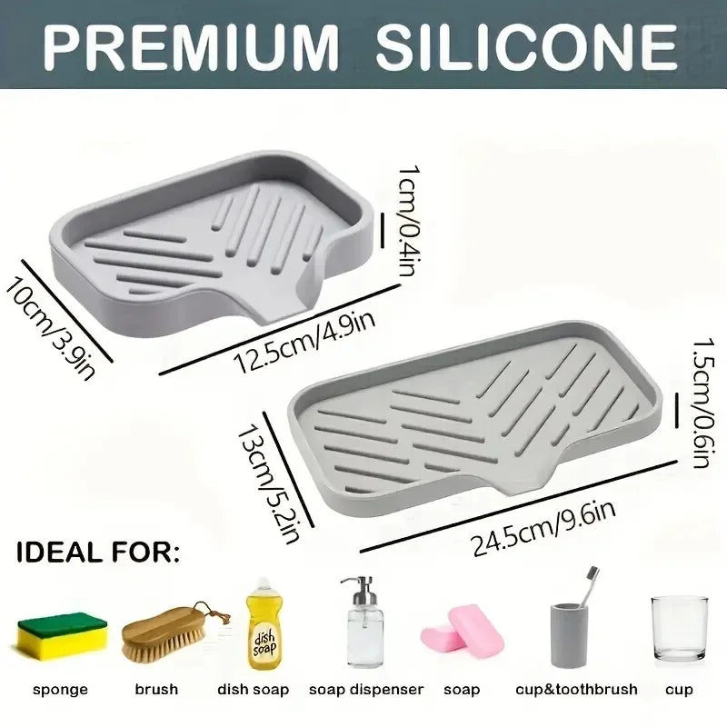 Silicone Sink Tray – Soap & Sponge Holder with Drain in grey, showing dimensions and ideal uses.